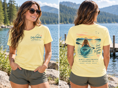 Woman modeling the yellow Kayak Adventure Tee, front and back views