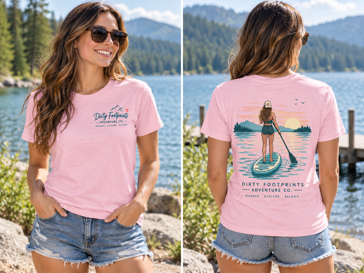 Woman modeling the pink Paddleboard Adventure Tee, front and back views