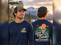 Male model wearing the Dirty Footprints Good Vibes Outside navy long sleeve tee, front and back