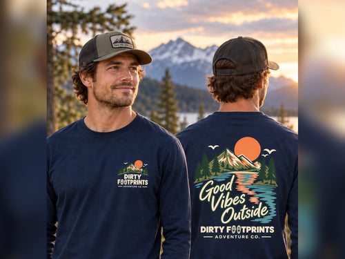 Male model wearing the Dirty Footprints Good Vibes Outside navy long sleeve tee, front and back