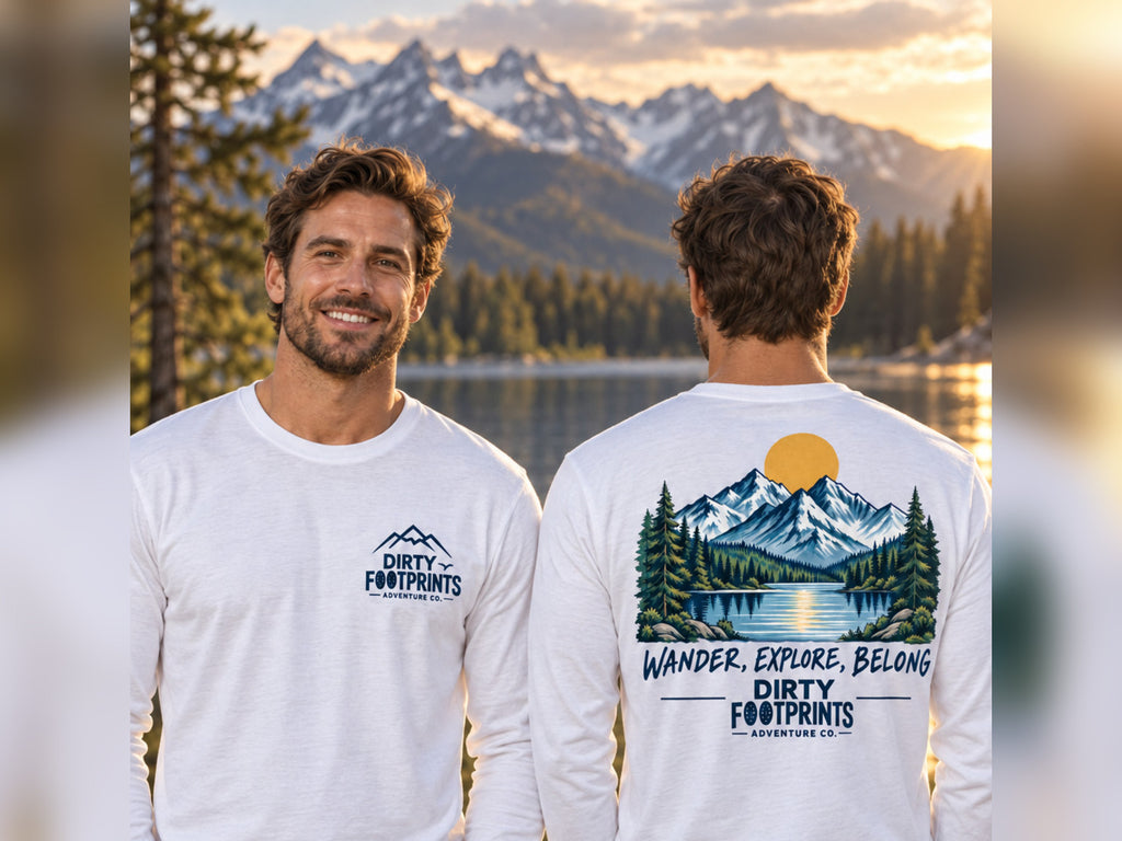 Mountain Lake Adventure Tee long sleeve shown from the front and back