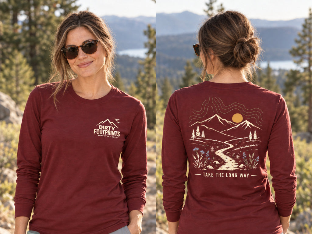 Female model wearing the Take the Long Way maroon long-sleeve shirt, shown from the front and back