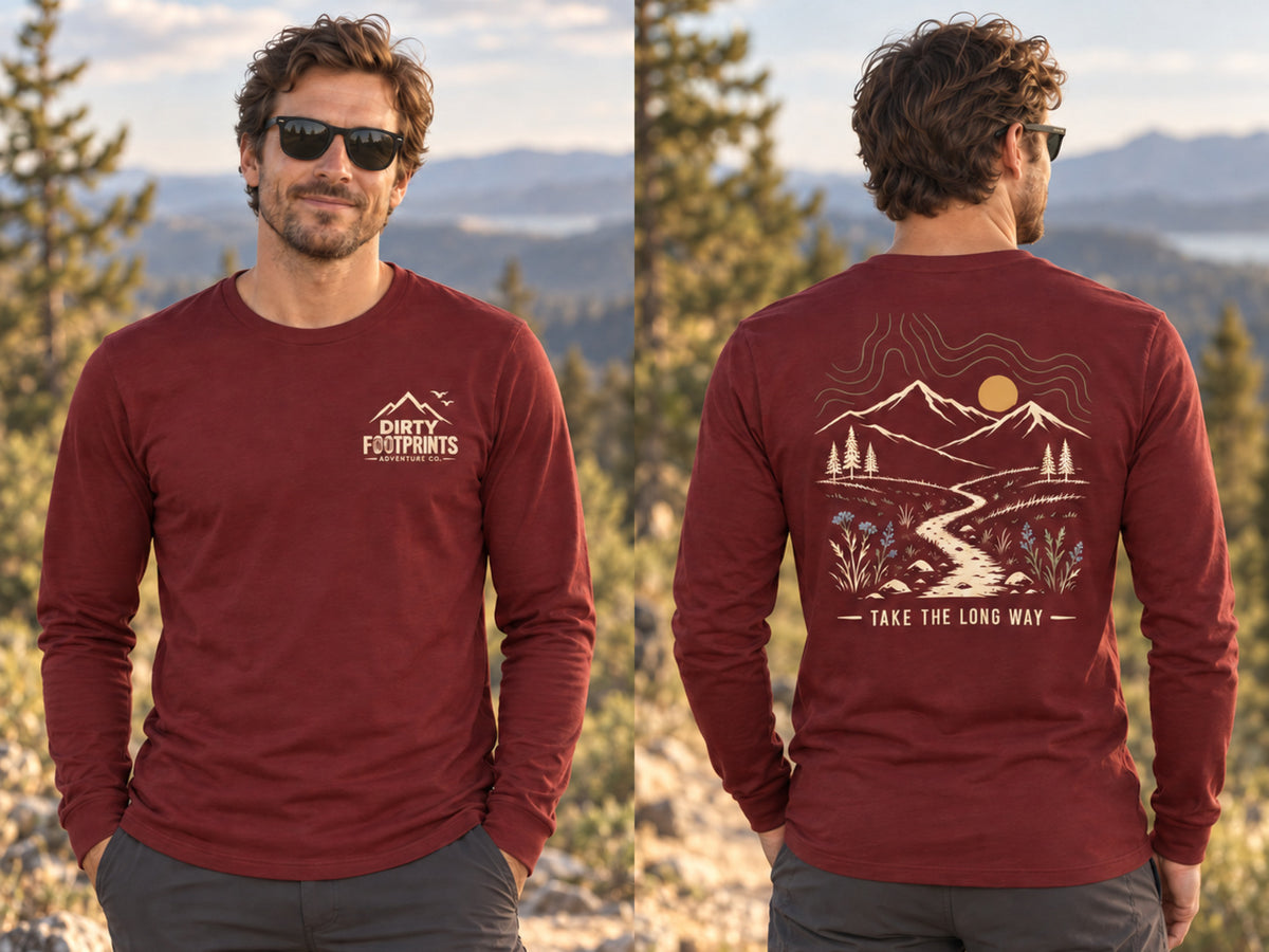 Male model wearing the Take the Long Way maroon long-sleeve shirt, shown from the front and back