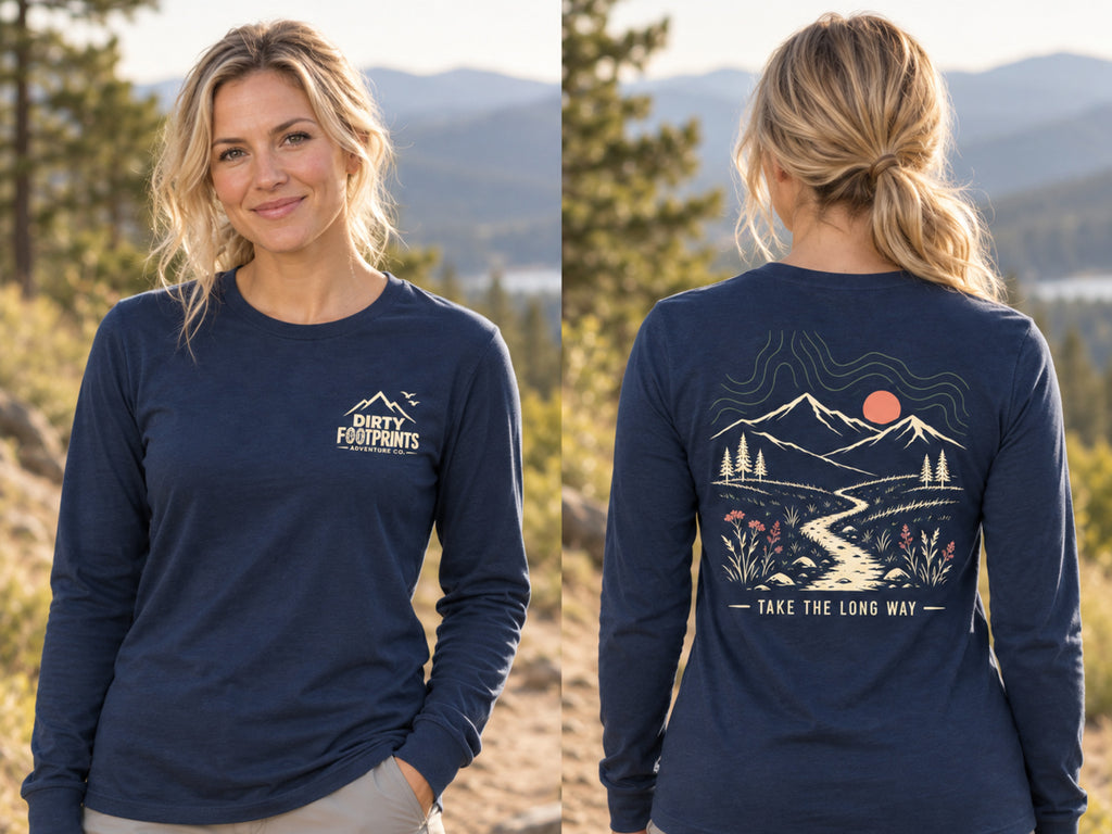 Woman modeling the Take the Long Way navy long-sleeve hiking shirt, shown from the front and back