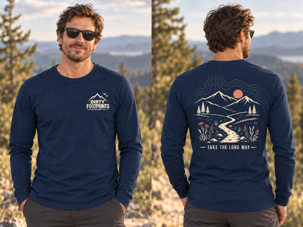 Male model wearing the Take the Long Way navy long-sleeve shirt, shown from the front and back