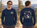 Male model wearing the Take the Long Way navy long-sleeve shirt, shown from the front and back