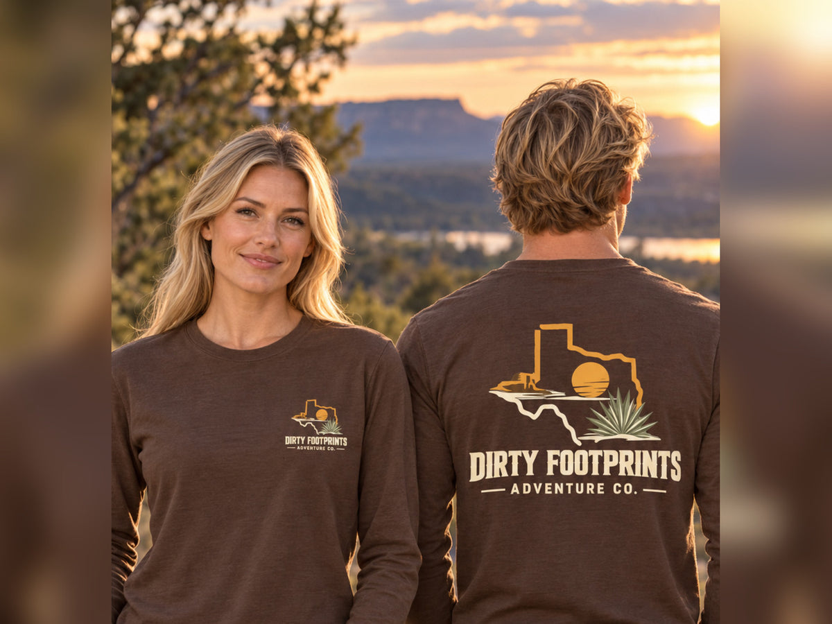 Texas Sunset Adventure Tee in Vintage Brown shown from the front and back