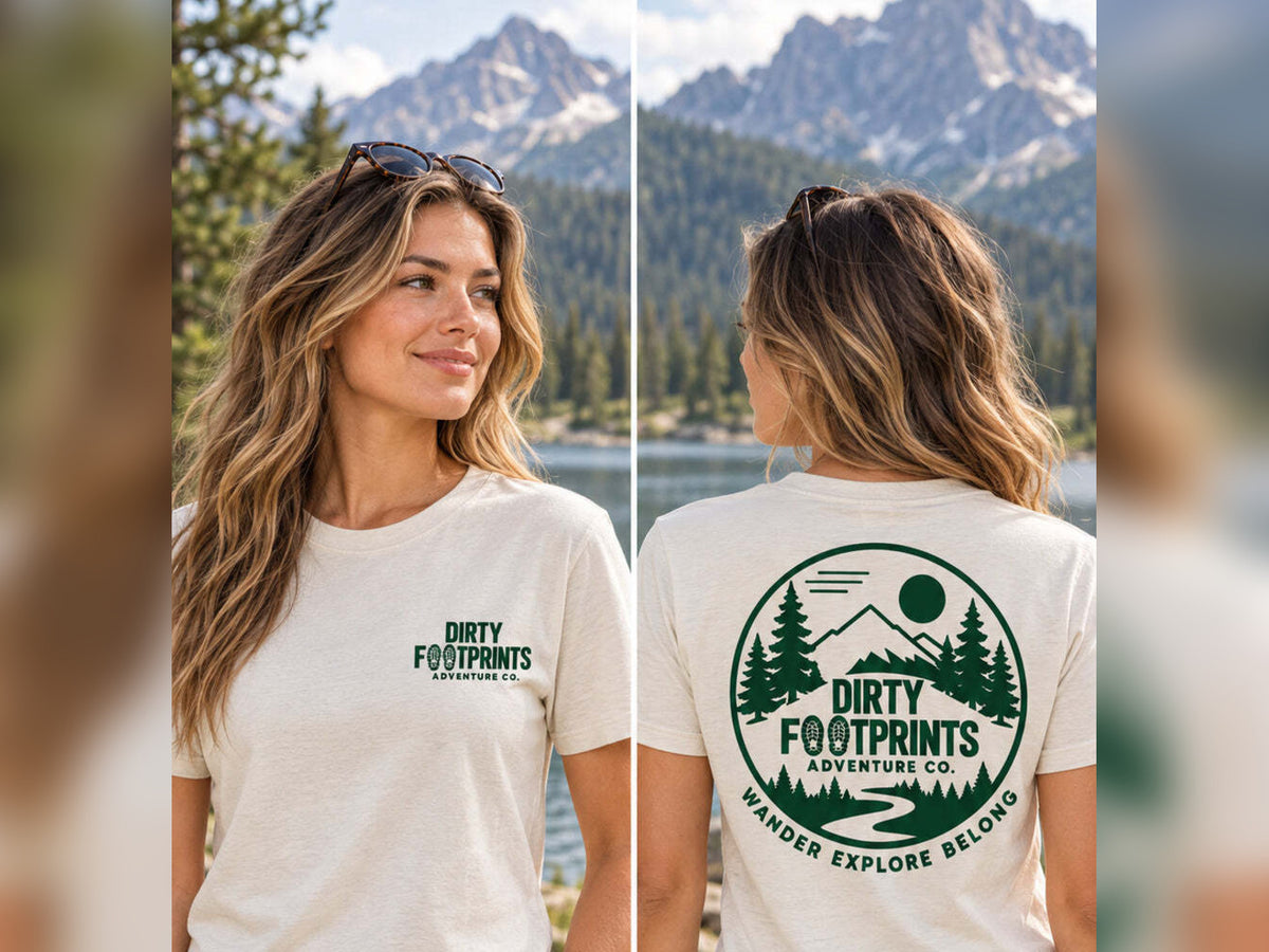 Tan Wander Explore Belong tee on female model, front and back