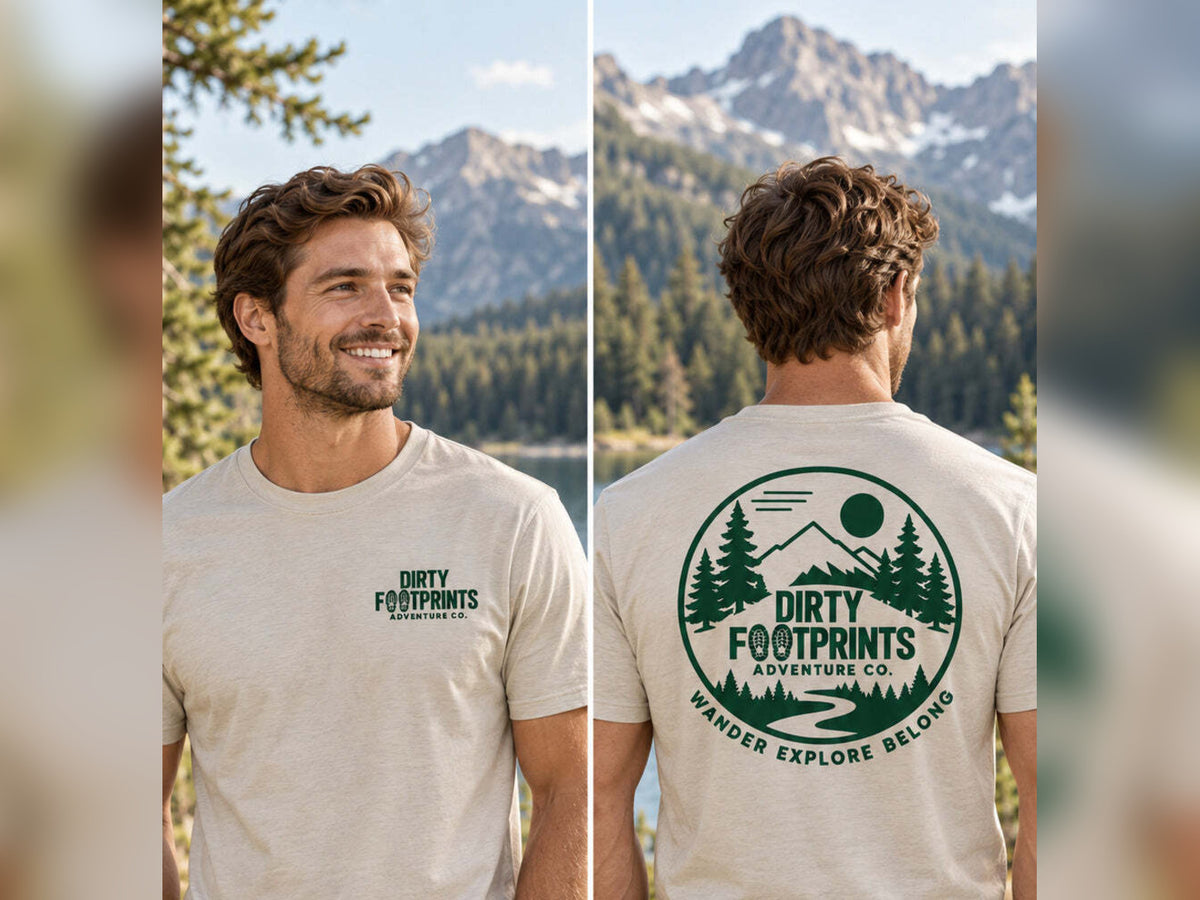 Tan Wander Explore Belong tee on male model, front and back