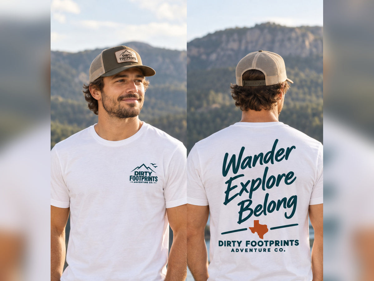 Male model wearing the white Dirty Footprints Wander Explore Belong Texas tee, front and back