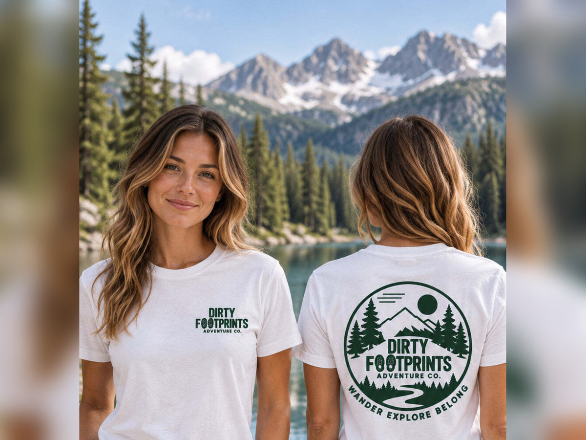 White Wander Explore Belong tee on female model, front and back
