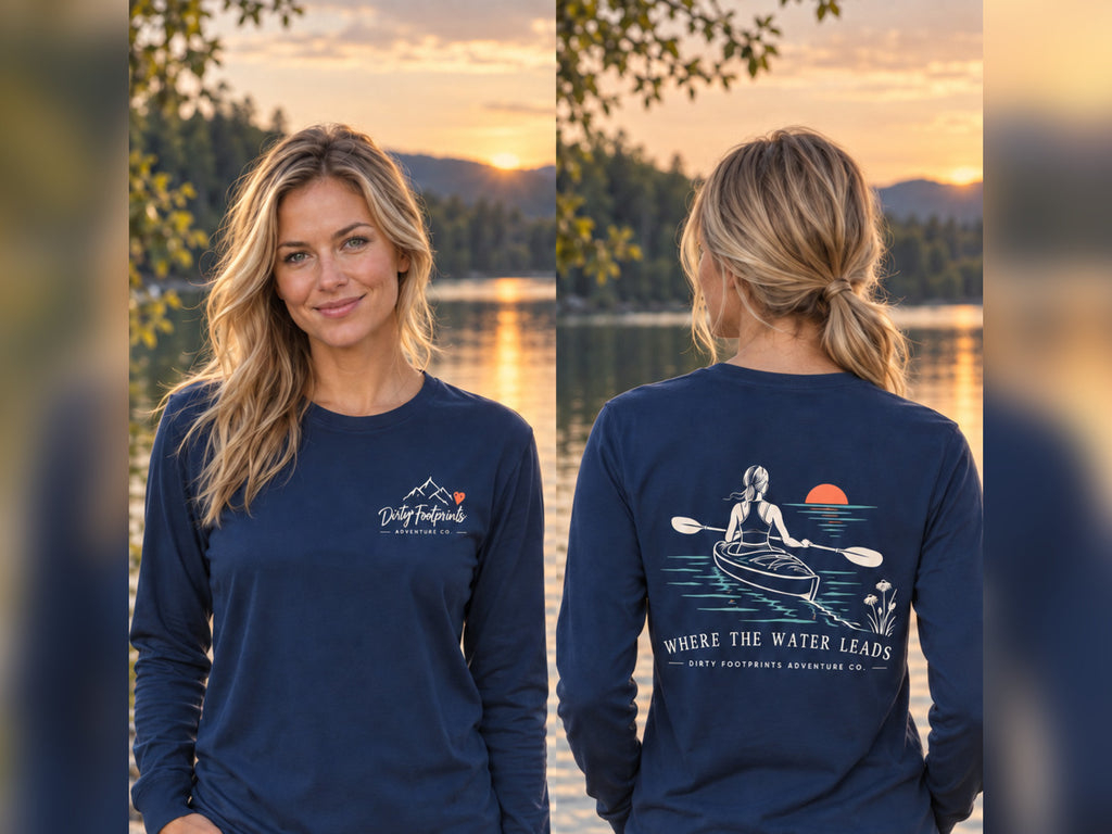 Woman modeling the navy Where the Water Leads kayak long sleeve tee, front and back views